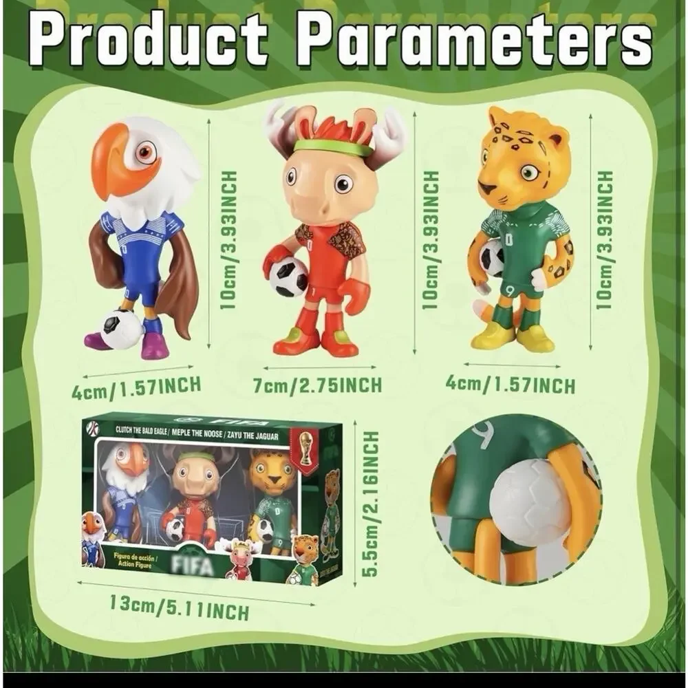 3 Pack World Cup 2026 , Mascot and Star Player Style Figures, 4 Inch